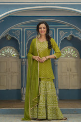 Green Bandhani Printed Georgette Kurta Sharara & Net Dupatta Set With Zari Work Embroidery-3353GREEN